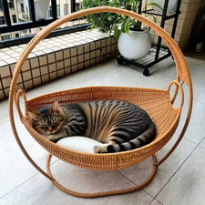 Rattan Wicker Cat Bed Basket Hammock Style w/ Handle Soft Cushion cat house