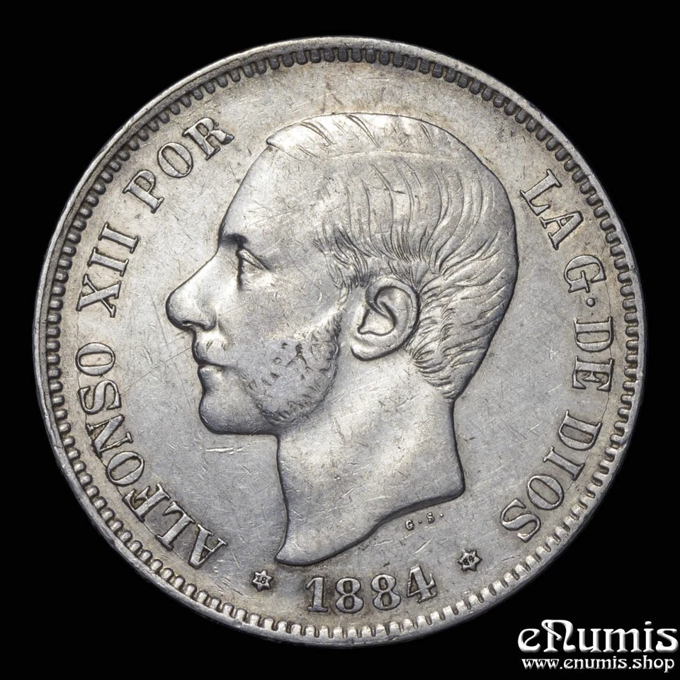 SPAIN, Alfonso XII, 5 Pesetas 1884 MS-M, XF+ - Image 2 of 4