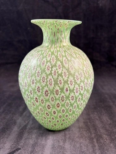 Vintage Sessantasei Murano Italian Art Glass Vase Green Golden Millefiori