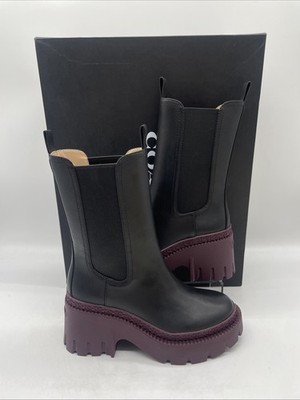 Coach Alexa Leder Chelsea Boots mit Absatz Schwarz Deep Berry UK 4 EU 36,5 NEU