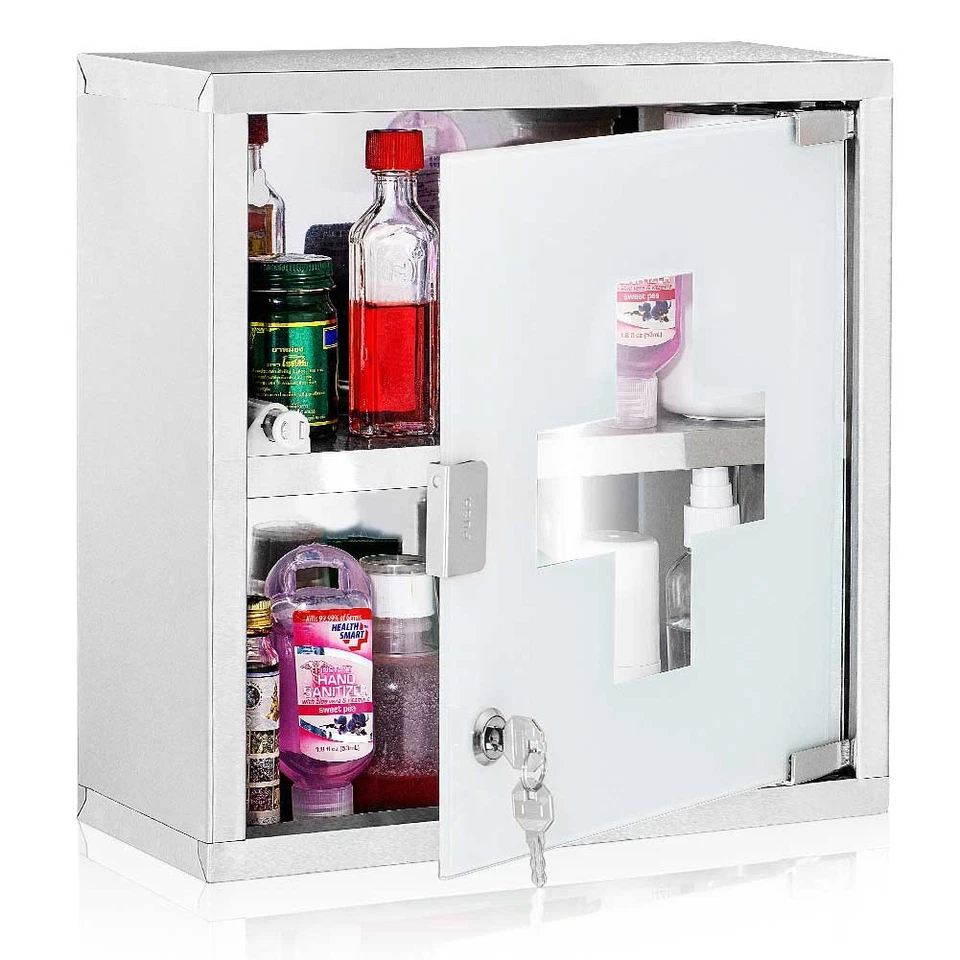 Armadietto Porta Medicinali Acciaio Inox e Vetro Satinato 30x30x12 cm con Chiave - Immagine 4 di 4