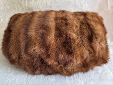 LARGE Vintage 1960s MINK FUR MUFF Brown Hand Warmer SILK LINED Wristlet Ties