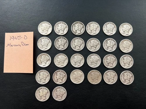 1943-D Mercury Dime Lot of 26 Circulated Good-Very Good Condition Denver Mint