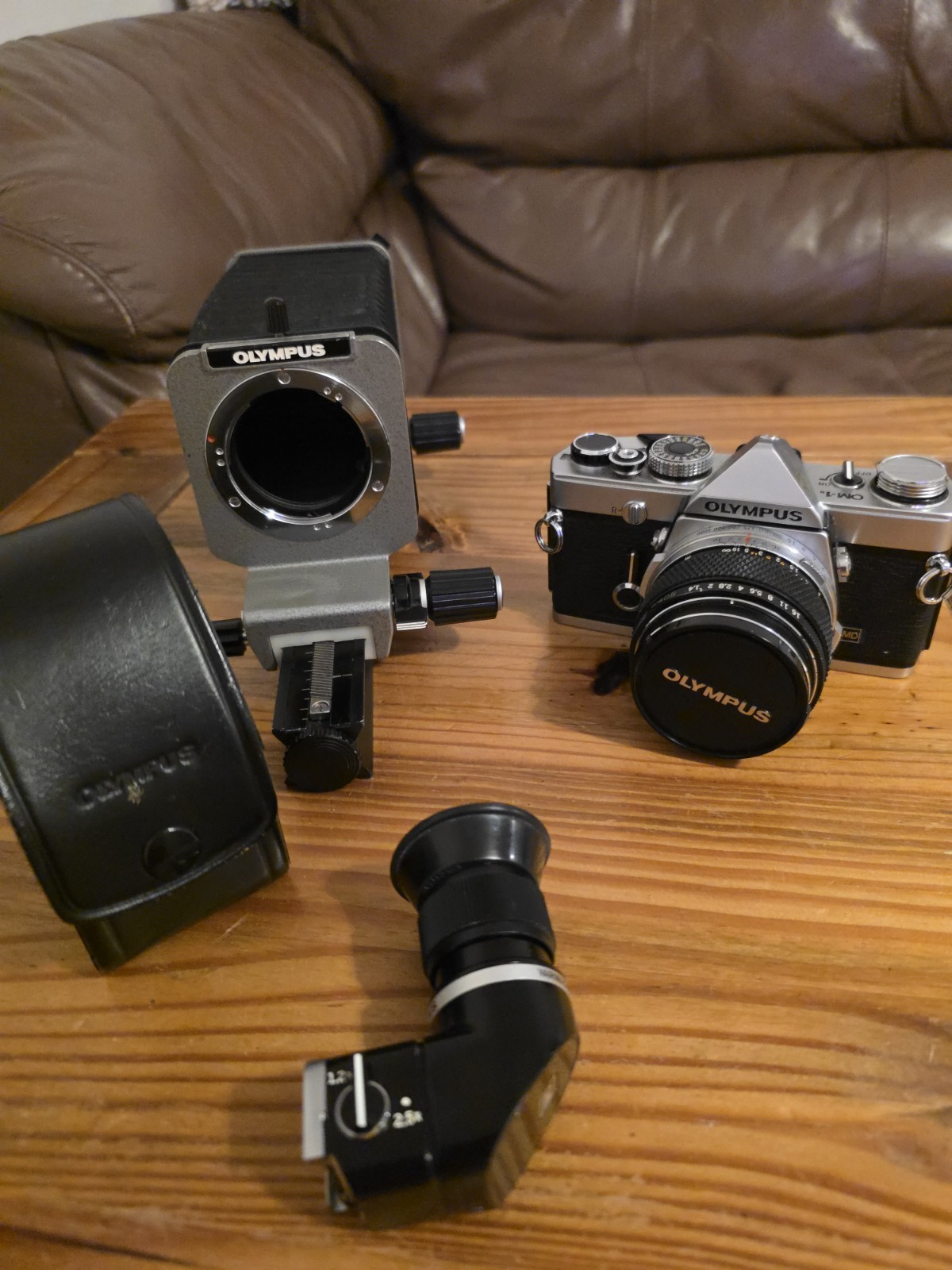 Olympus OM1 N 35mm SLR Film Camera with 50mm  f1.4 plus bellows and viewfinder