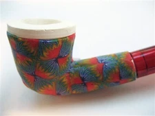 Fimo Covered Turkish Meerschaum Miniature Pipe - RED/BLUE Print w/ Zippered Case