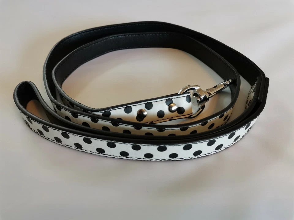 Clip resistente de cuero sintético con lunares blanco y negro para perro 120 cm x 20 mm Foto 2 de 2