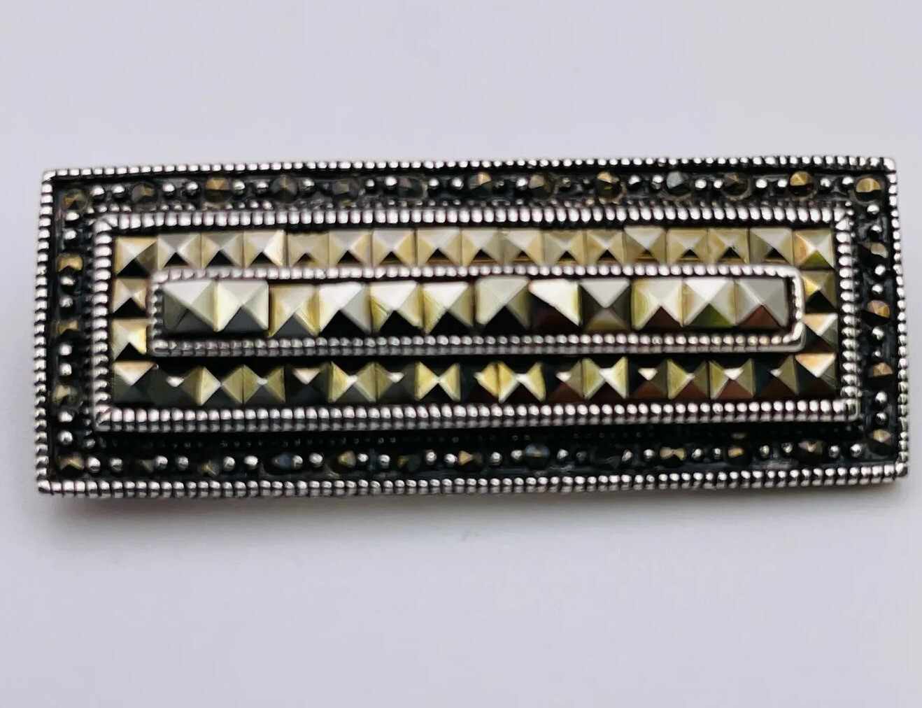 925 Sterling Silver Marcasite Rectangular Brooch … - image 5