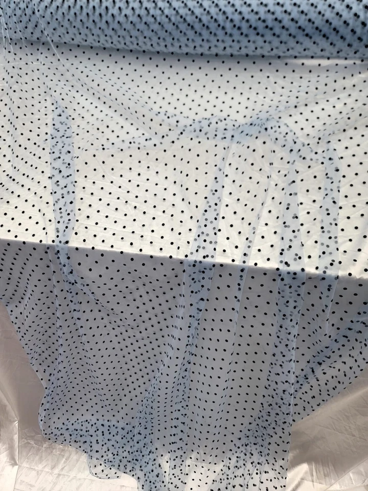 Vintage Sky Blue Tulle Black Velvet Polka Dot Pattern Lace Fabric By The Yard  - Image 3 of 4