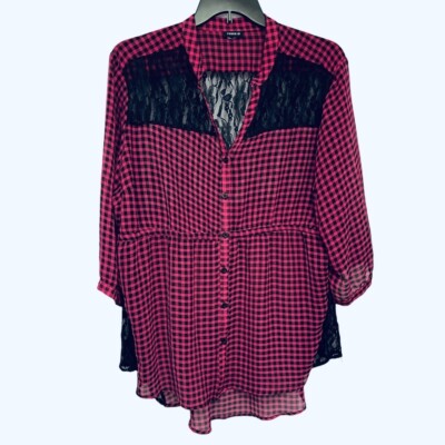 TORRID Women's Loose Button-Up Top Bust 52'' Pink Black Plaid Lace Hi-Lo Hem