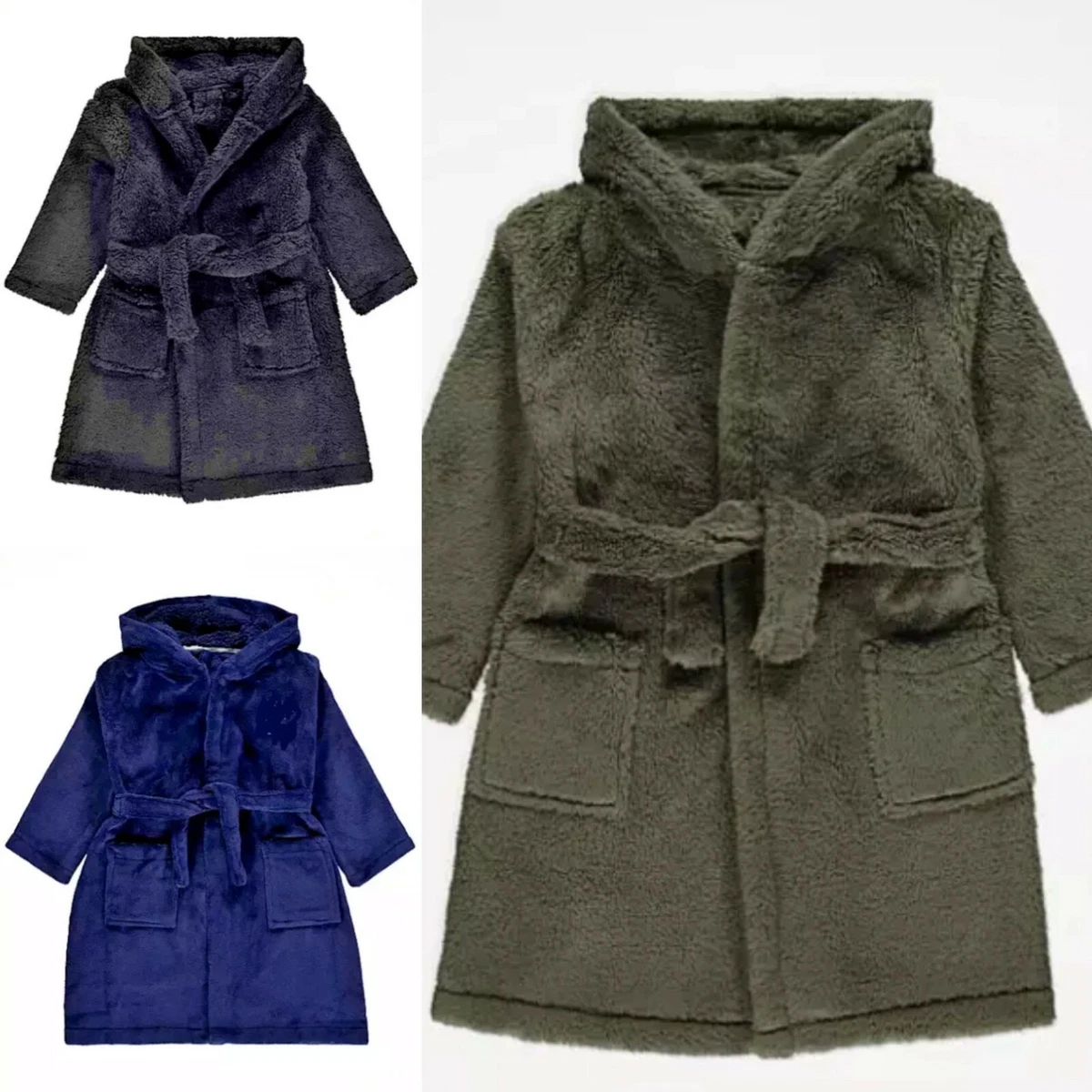 Boys Dressing Gown Robe Fleece Hooded George Kids Childrens Nightwear Blue Black