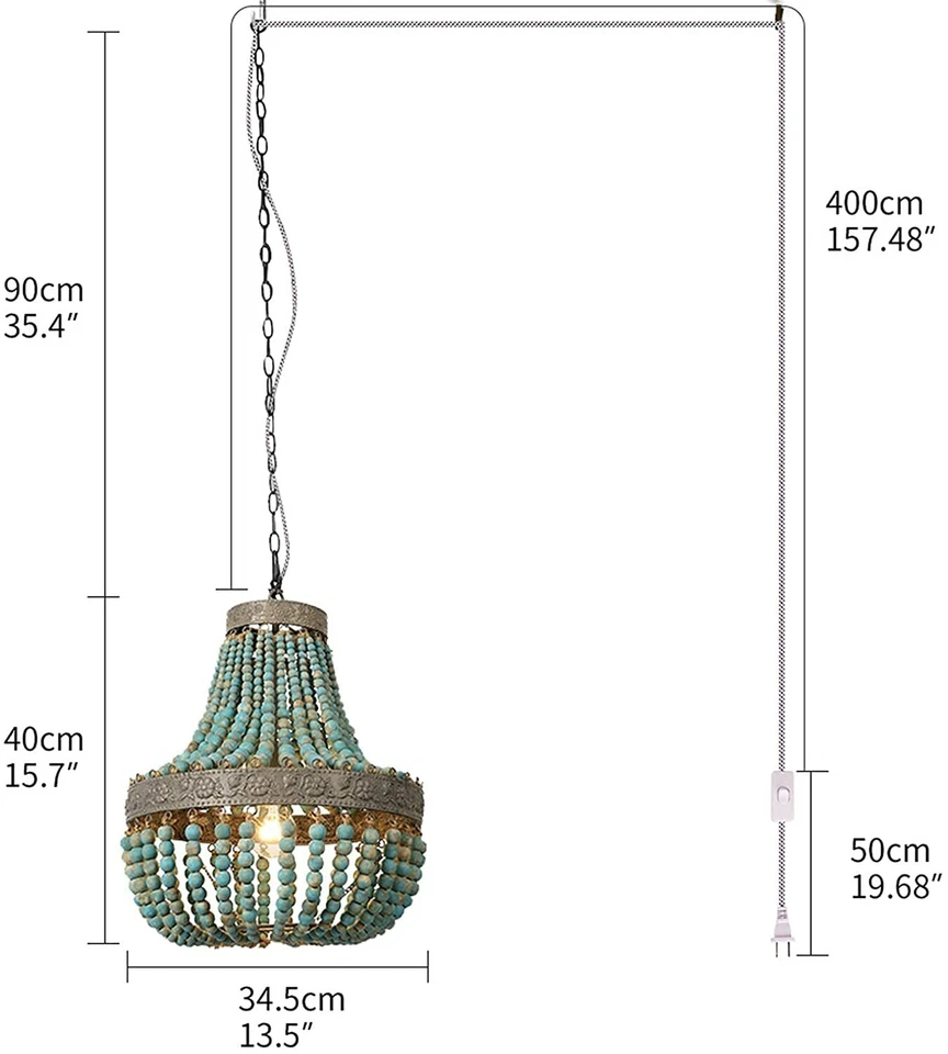 Lámpara de araña colgante de cuentas de madera enchufe de EE. UU. lámpara de iluminación accesorio de techo azul Foto 2 de 4