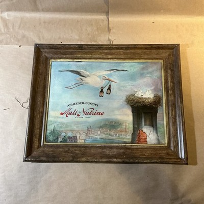 1920s Anheuser-Busch s Malt-Nutrine Stork Metal Self Framed Tin Sign INV-OFFICE
