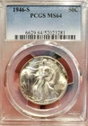 1946-S WALKING LIBERTY HALF DOLLAR 50c ~ PCGS MS 64 ~ SUPERB LUSTER  A NICE COIN