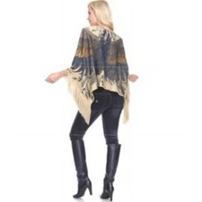 White Mark Poncho Sweater Womens One Size Knit Fringe Animal Print Boho Festival