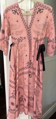 SANDRO Celestial Silk Dress Women's 1 Small 3/4 Sleeves Midi Tie Waist