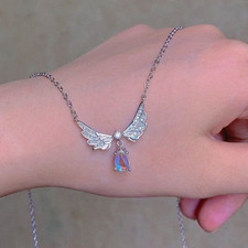 925 Sterling Silver Moonstone Wings Angel Feather Necklace Pendant Jewellery