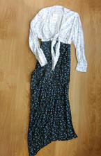 Mango Black & White Tie-Front Mixed Floral Sheer  Long Sleeves Long Dress 34/XXS