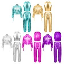Girls Dancewear Ballroom Outfits Jazz Set Cha-cha Tracksuit Birthday Mock Neck