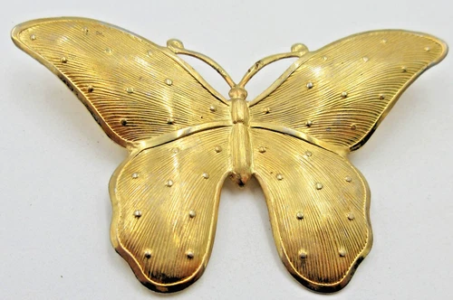 VTG big UNUSUAL BUTTERFLY Brooch Pin textured yellow gold tone costume jewelry