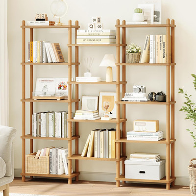Triple Wide Wooden Bookshelf - 5-Tier Oak Bookcase for Home Office Display