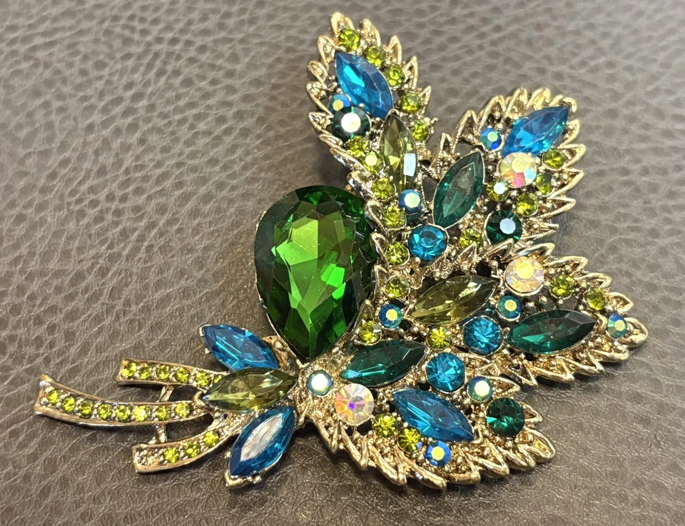 Large Huge Rhinestone Green & Blue Feather Leaf Gold Tone Brooch 4” - Image 2 of 4