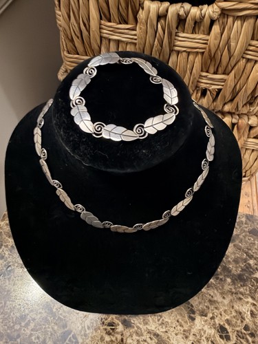 Vintage Taxco Mexico Sterling Silver Leaf Necklace & Bracelet Set Signed A.Muñoz