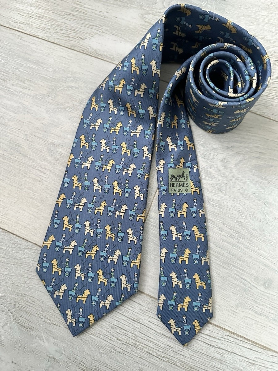 HERMÈS Men's Tie Blue Silk Horses Art Print Vintage Necktie | eBay