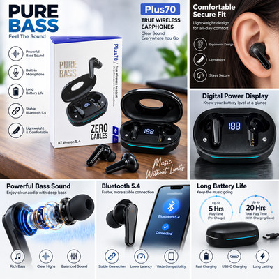 TWS Plus70 Pure Bass Wireless Earbuds Bluetooth 5.4 Kopfhörer Ladecase UK