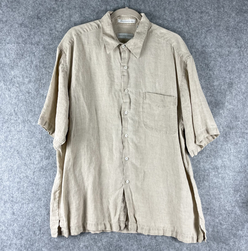 Vintage Saks Fifth Avenue Irish Linen Shirt Mens XL Beige Button Up Short Sleeve