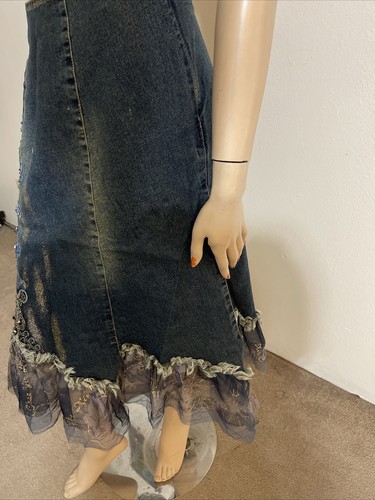 Falda Boho con Cremallera Asimétrica con Cuentas de Denim Azul Bordado Encaje Talla M(6-8) 9002 - Imagen 7 de 8