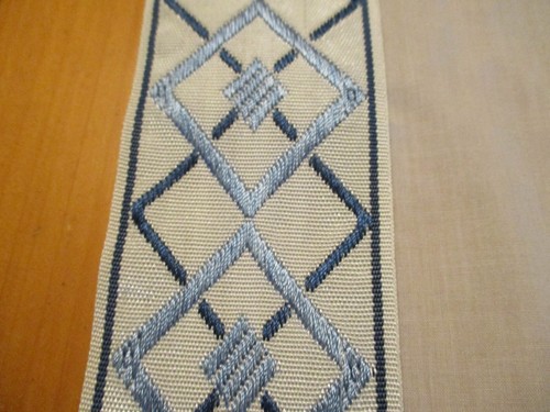 Set of 2 Curtain Panels White Blue Geometric Diamond Ribbon Trim Edge 43x84 ea - Picture 4 of 16