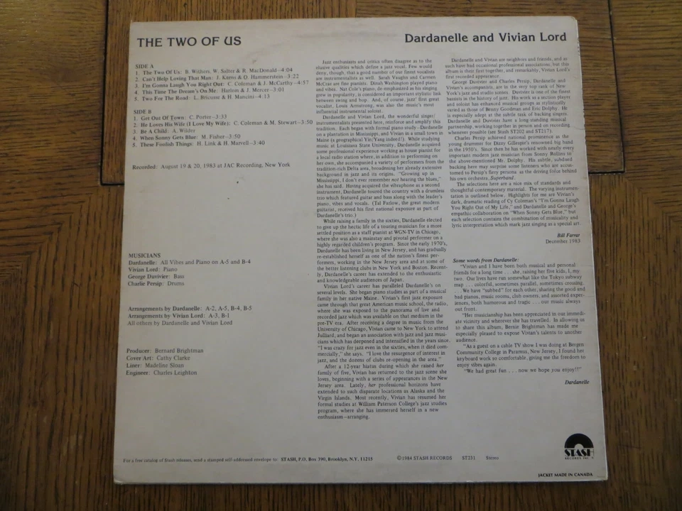Dardanelle, Vivian Lord – The Two Of Us - 1984 - Stash ST 231 Vinyl LP VG+/VG - Imagem 2 de 4