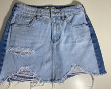 PacSun Jean Skirt Mixed Denim-Medium Light Wash Frayed Hem Distressed Size 25