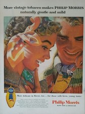 Vintage 1955 Philip Morris cigarette print ad. Post World War II.