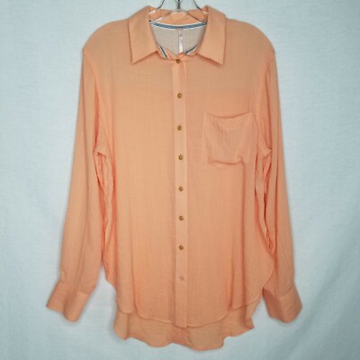 Free People Button Down Shirt Hi Low Long Sleeve Side Slits Orange Size S Q310P