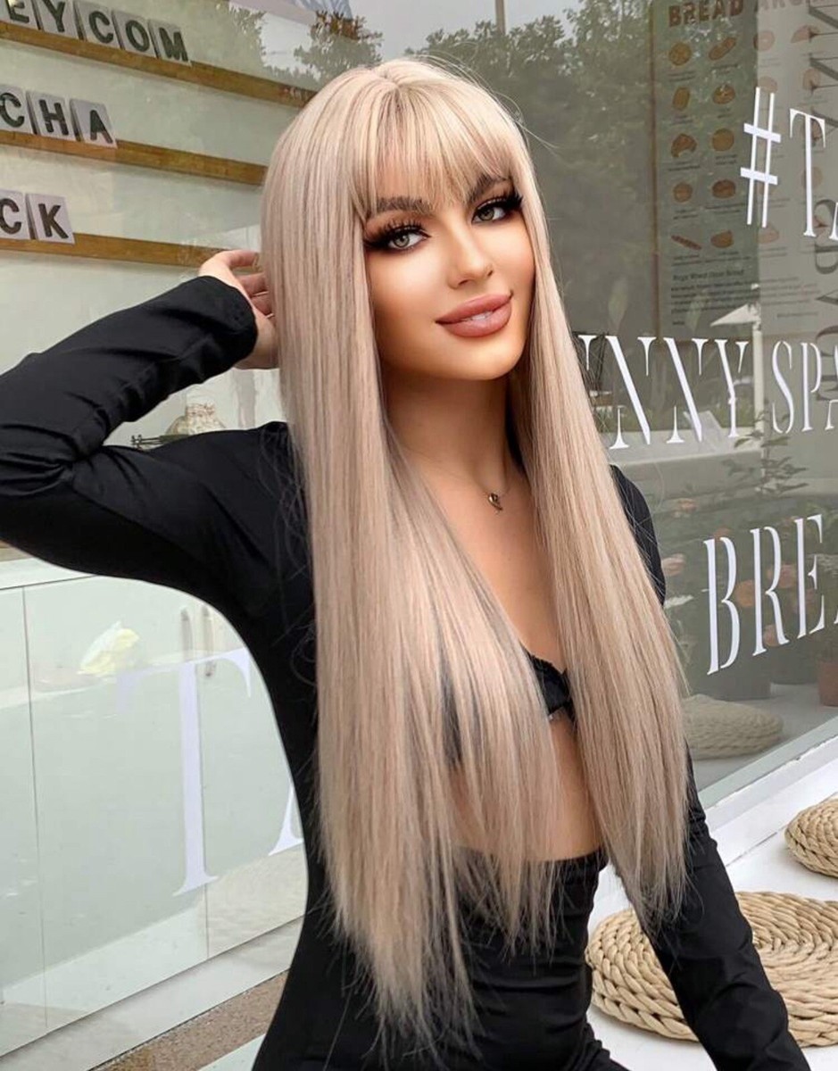 Perruque Synthétique Longue Femme Blond Polaire Doré Avec Frange