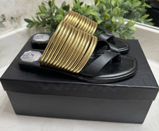 Donald Pliner DMSX Crysta Black Yellow Gold Bangle Straps Flat Sandals Sz 6.5