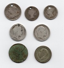 7 x ANTIQUE GB COINS 1835-1929 SILVER 4d GROAT 6d TANNER 1/4d FARTHING