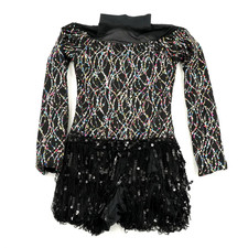 Weissman Dance Leotard Dress Black Sequin Fringe Long Sleeve Costume