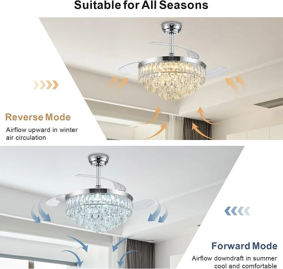 42'' Chandelier Ceiling Fan with Lights, Retractable 42 Inch, Chrome - Image 4 of 4