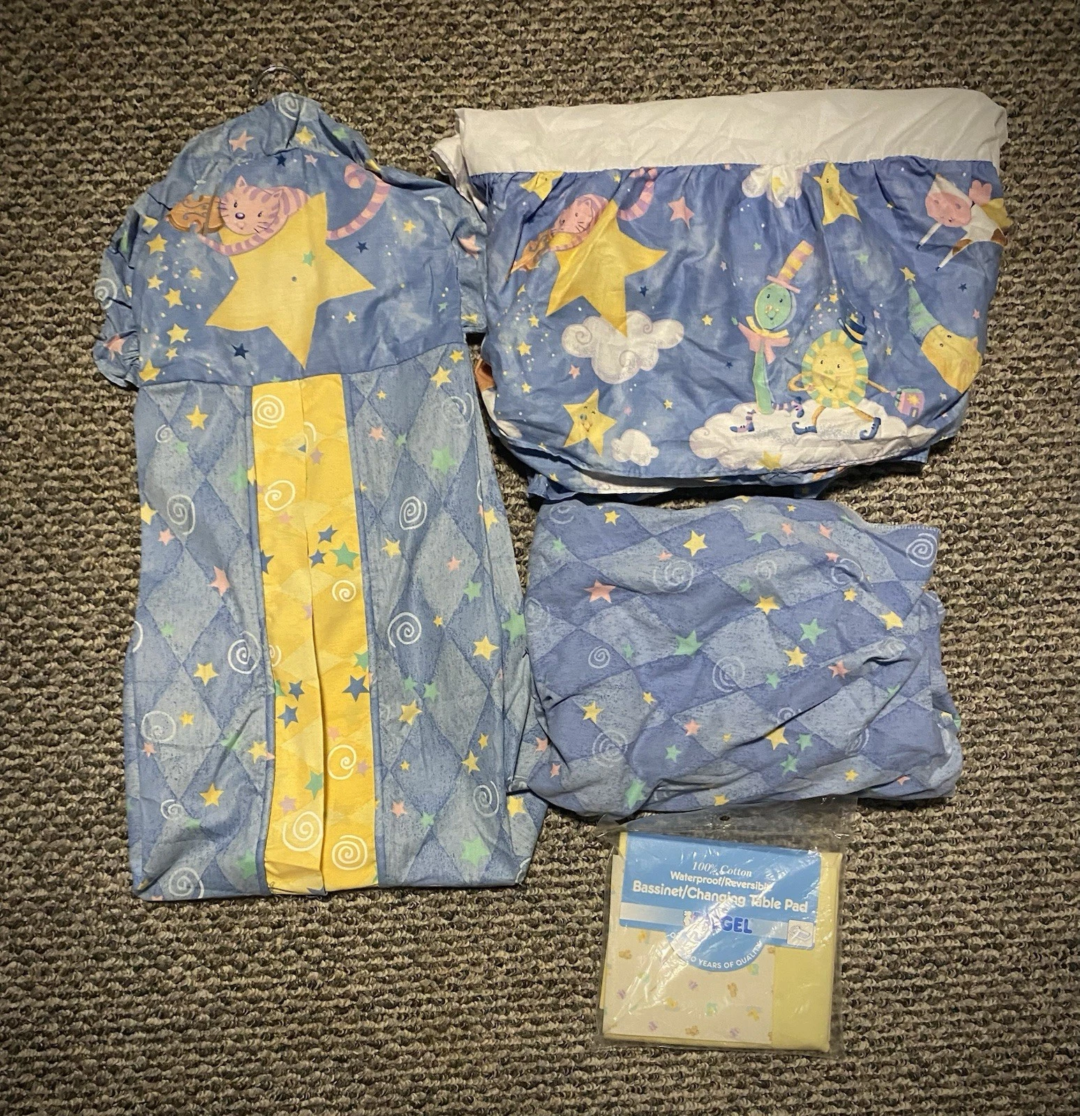 Vintage Viv Eisner Hess Over Moon Nursery Crib Sheet, Skirt, Diaper Hanger 80s
