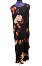 Harari Women 2pc Silk Flow Tunic Top & Maxi Skirt Rose Daisy Black Elegant Sz M