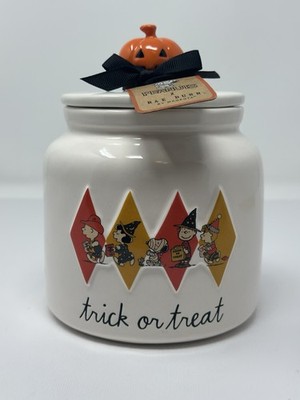 Rae Dunn Peanuts Halloween Trick Treat Candy Canister Cookie Jar Mummy Snoopy