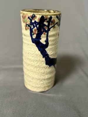 Vintage Crackle Glaze Pottery Vase Blue Blossom Tree Brush Pot Character Marks