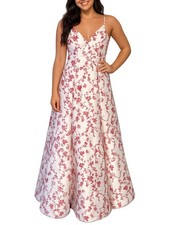 NEW Windsor Prom Long Satin Formal Dress Red Floral V neck Juniors 13/14