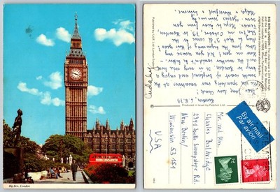 Vintage Big Ben London Postcard 1973 - Westminster Clock Tower Red Bus