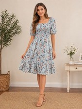 Gap Blue Floral Smocked Ruffle Puff Sleeve Knee Length Sundress S Cotton
