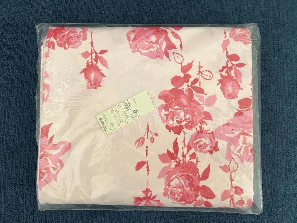 复古 70 年代 Sears Twilight Flower 双床单粉色玫瑰棉混纺新品 — 第 3/4 张图片