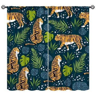 Tiger Blackout Curtains Cartoon Jungle Wild Animal Tropical Plant Leaf Green ...