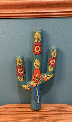 Pre Owned Vintage Beautiful Fire Glazed Clay Floral Cactus  Hanging Wall Decor